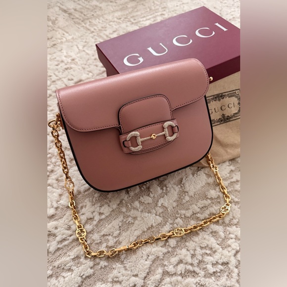Gucci Handbags - Gucci Horsebit 1955 Crystal Shoulder Bag Pink Leather Gold Chain NEW w Box